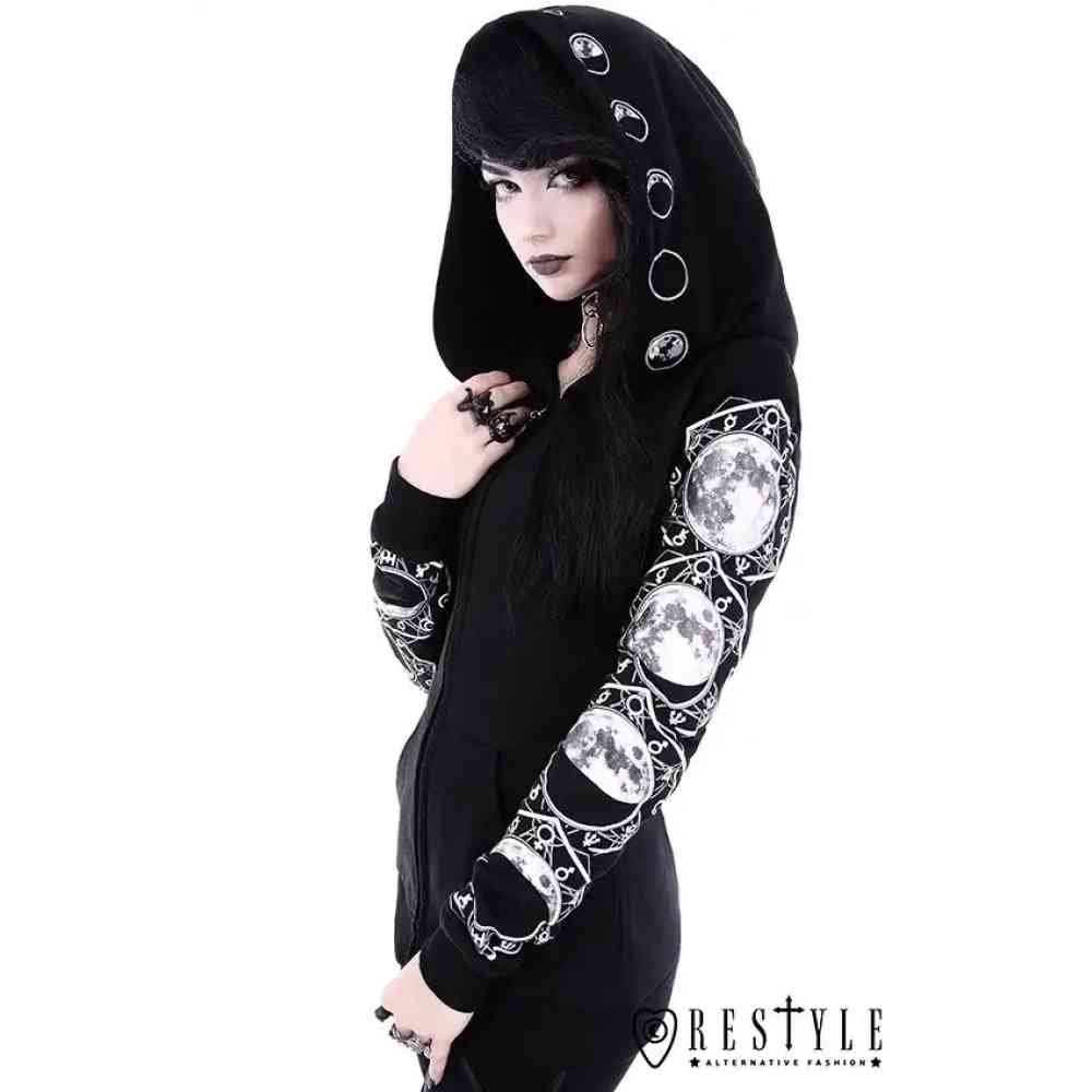 Restyle - Lunar Moon Phases Veste zip à capuche - Noir